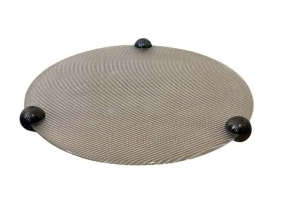 Vintage 1970s Smoked Ribbed Glass Tray with Metal Ball Feet
